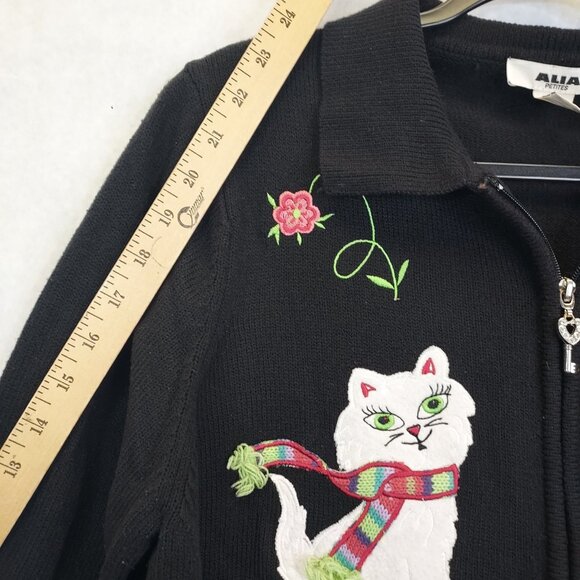 Alia Cat Cardigan Sweater Women's Petite L Black Full Zip Applique Embroidery - Picture 11 of 12